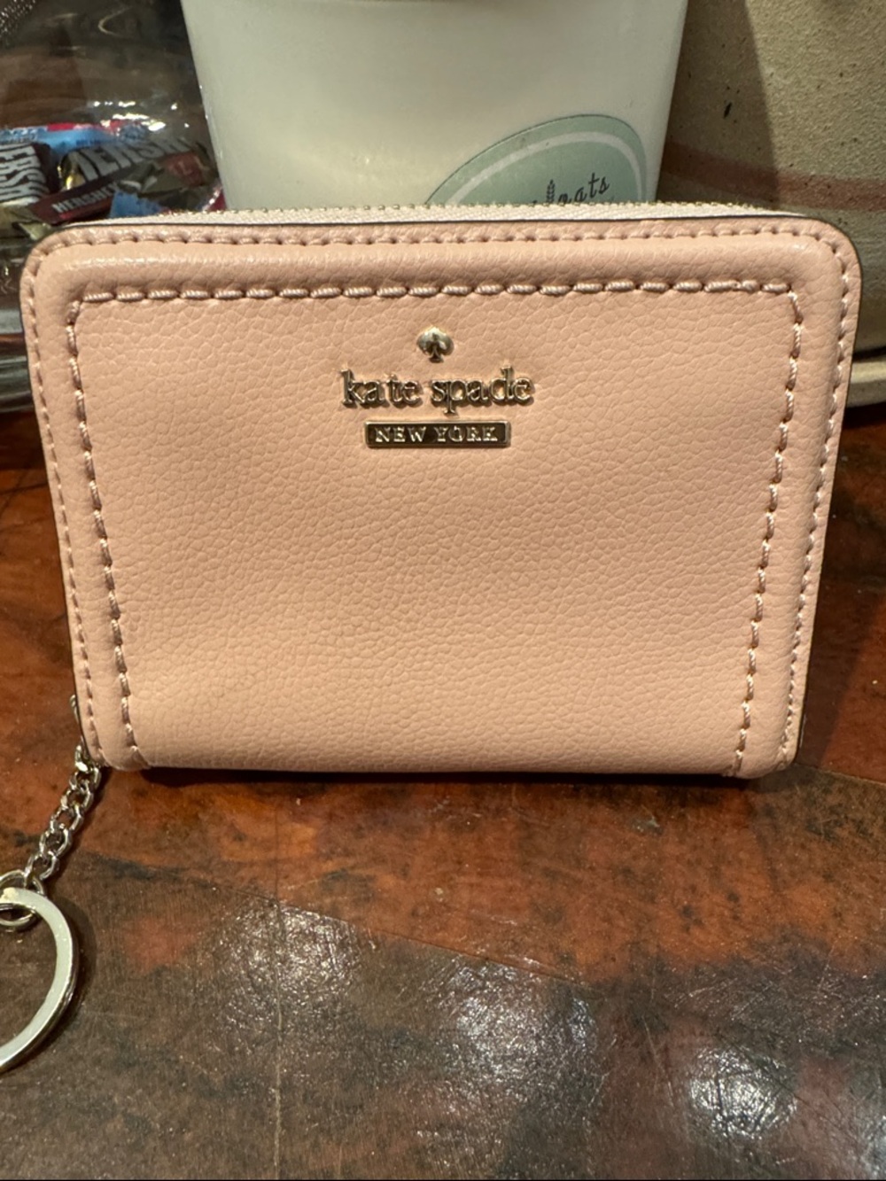 NWOT kate spade Blush Pink Leather Zip Card Wallet with Keychain